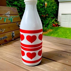 Vintage MCM Milk glass bottle with big red hearts design.